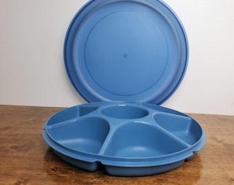 Vintage Tupperware 1665 Serving Center Divided Veggie Relish Tray Blue Lid