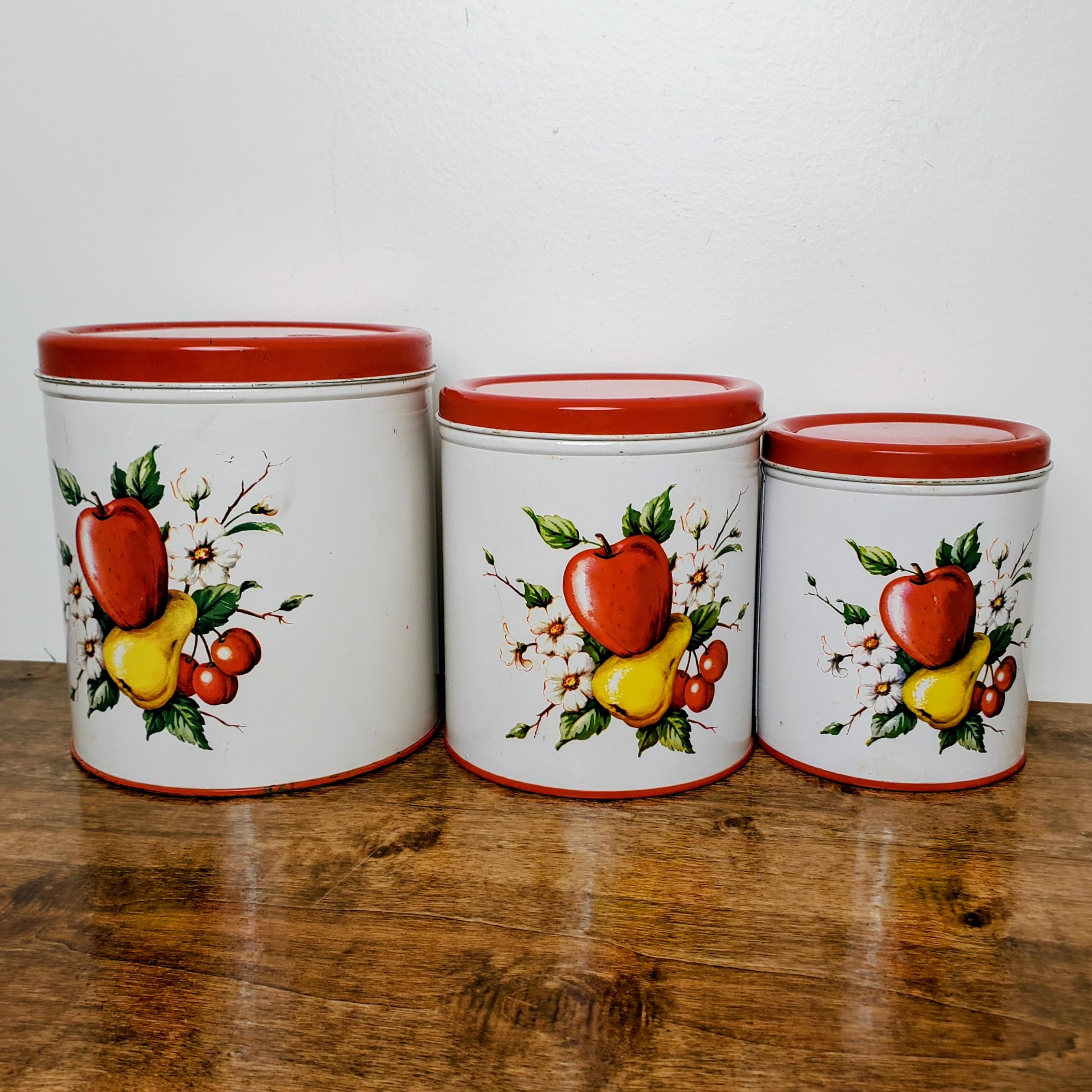 Vintage MCM 1950s Decoware Apple Pear Tin Canister Set Farmhouse