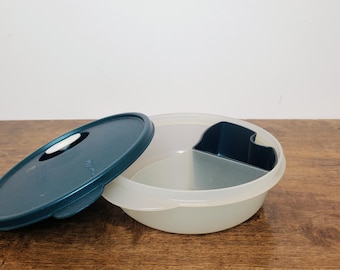 Tupperware CrystalWave #3859 Divided Lunch Bowl Sheer with Green Lid