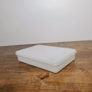 May include: A white rectangular plastic container with a lid. The container is sitting on a wooden surface. The container is empty and appears to be clean.