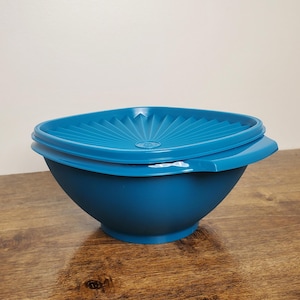 May include: A teal blue plastic bowl with a matching lid. The bowl has a rounded bottom and a square-shaped lid. The lid has a fan-shaped design on the inside.