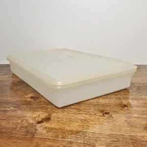 May include: A rectangular, off-white plastic container with a matching lid. The container is sitting on a wooden surface. The lid fits snugly on top of the container, creating a sealed storage space.
