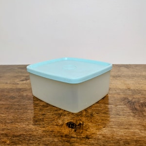 May include: A square, translucent plastic container with a light blue lid. The lid has a slightly raised center. The container is sitting on a wooden surface.
