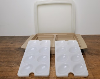 Vintage Tupperware Deviled Egg Carrier Set Almond #723 4 Pc w Inserts Lid