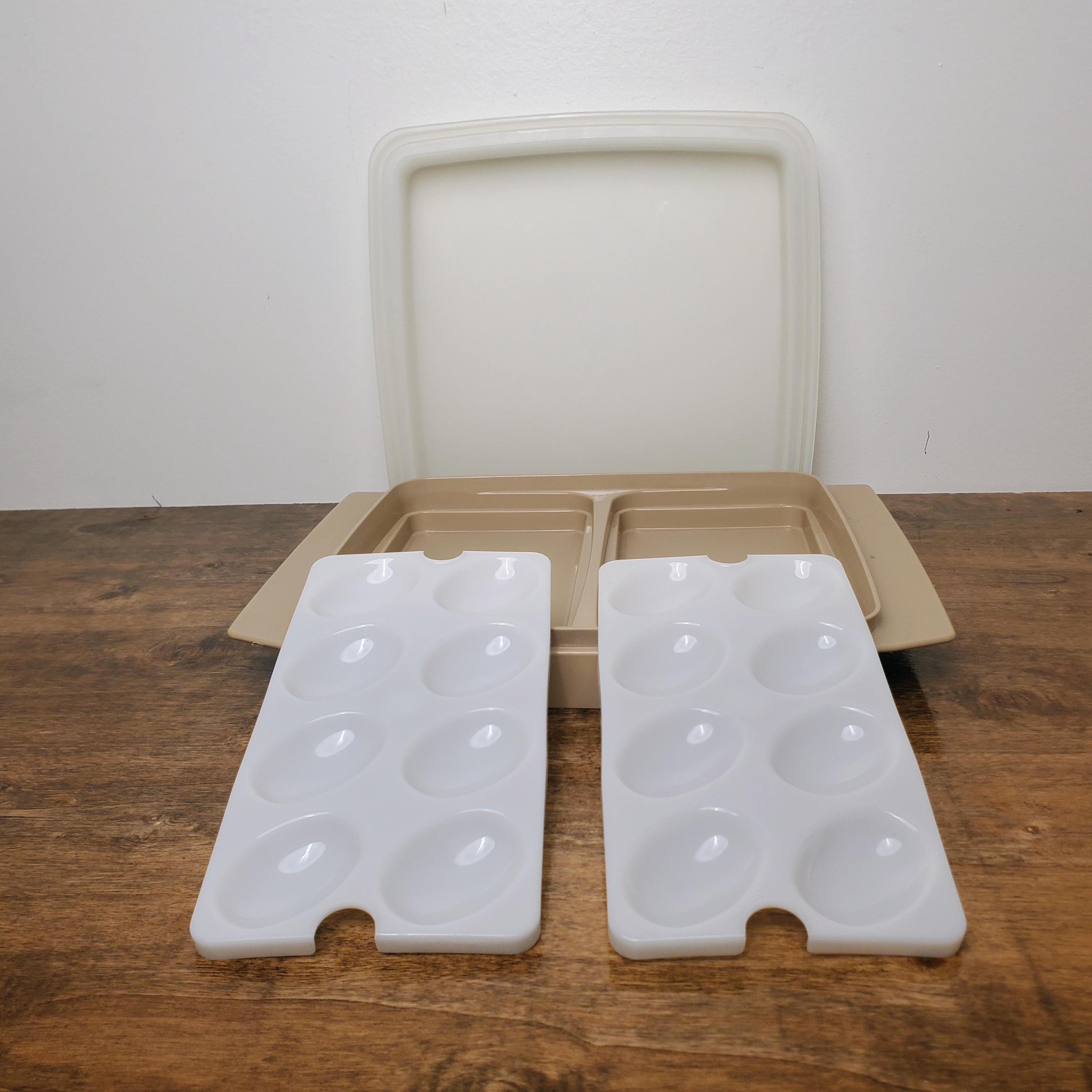 Vintage Tupperware Deviled Egg Carrier Set Almond #723 4 Pc W