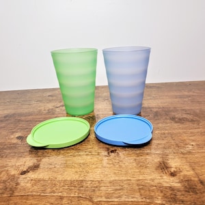 Vintage Tupperware Impressions Tumblers 16oz Set of 2 Blue Green with Lids #3515