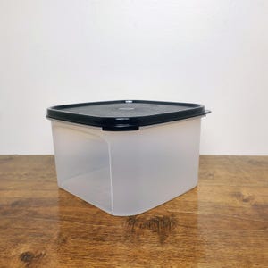 May include: A square, translucent plastic container with a black lid. The container is sitting on a wooden surface. The lid appears to be tightly sealed, suggesting it is designed for food storage or general organization.