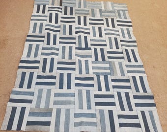 Recycled Blue Jeans Patchwork Quilt, Handmade 75x54 Throw