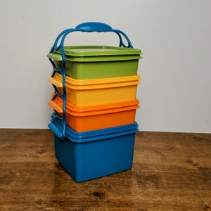 Tupperware Square Away Goody Box Stackable Lunch Container Set w/ Carry Handle New