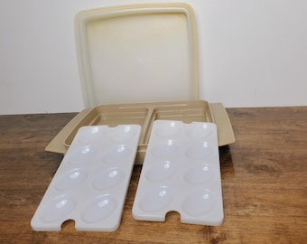 Vintage Tupperware Deviled Egg Carrier Set #723 Beige 4 Pc w Inserts LID DISCOLORED