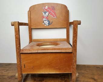 Vintage 1950s Wooden Folding Child Potty Chair Kitten Parasol Decal Mid Century