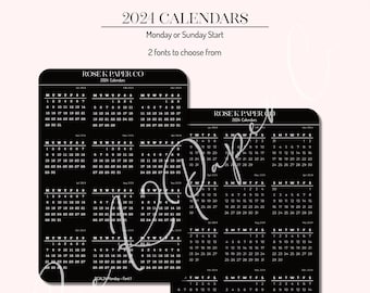 2024 Mini Calendários Adesivos Black Out - Início de segunda ou domingo, para seu planejador ou planejador de marcadores de grade de pontos de 5 mm CAL24BLK