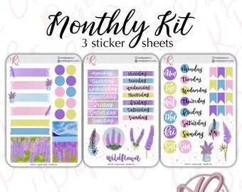 Lupine Fields Dot Grid Journal Monthly Sticker Kit | Purple Spring Flowers | M012