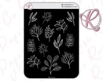 Adesivos FOLHAS BOTÂNICAS PRETAS em papel preto para cadernos blackout e diários de grade de pontos B002