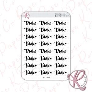 May include: A sheet of planner stickers featuring the word "Tasks" repeated 18 times in a handwritten font. The stickers are white with black lettering and are designed for use in a planner or journal.