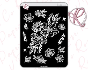 ADESIVOS FLORAL PRETOS em papel preto para cadernos blackout e diários de grade de pontos B001