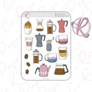 May include: A sticker sheet featuring various coffee-themed illustrations. Designs include coffee makers, mugs, coffee beans, and a coffee grinder. The sticker sheet has the text "F029 Coffee" at the bottom and the Rose K Paper Co logo.