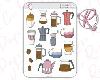 Adesivos para diário e planejador de café com grade de pontos - cafeteira - caneca - cappuccino - latte - expresso - prensa francesa F029