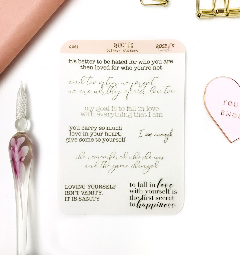 Frasi sull'amor proprio per il tuo diario o agenda a punti - caratteri - carta adesiva trasparente opaca Q001 immagine 2