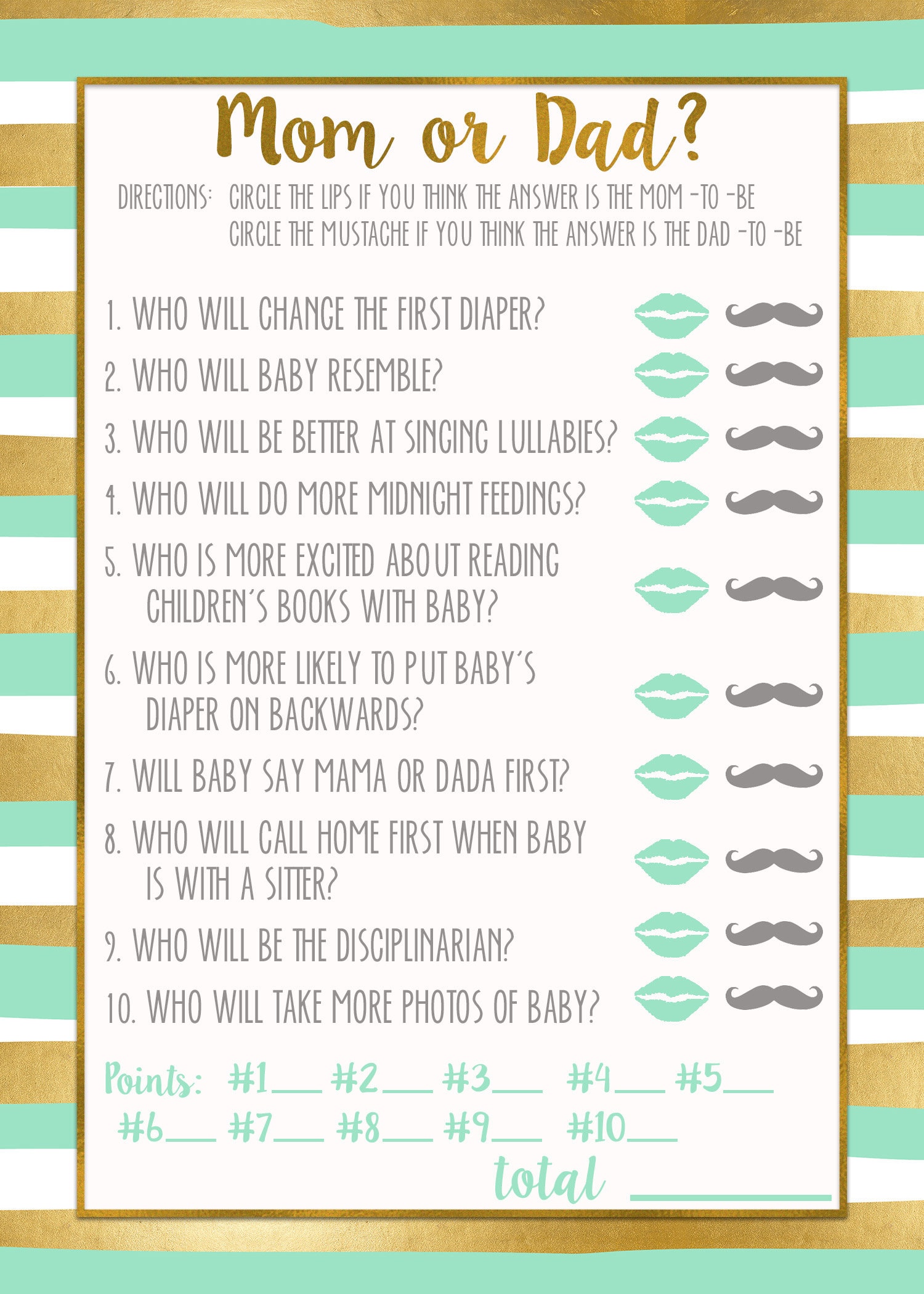 BABY SHOWER GAME Mom or Dad Mint and Gold Stripes - Etsy