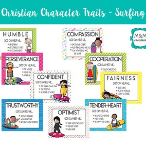 May include: A set of ten colorful cards with illustrations of children surfing. Each card features a different Christian character trait, such as humility, perseverance, compassion, and cooperation. The cards include the phrase "God can help me." and a list of ways to practice each trait.