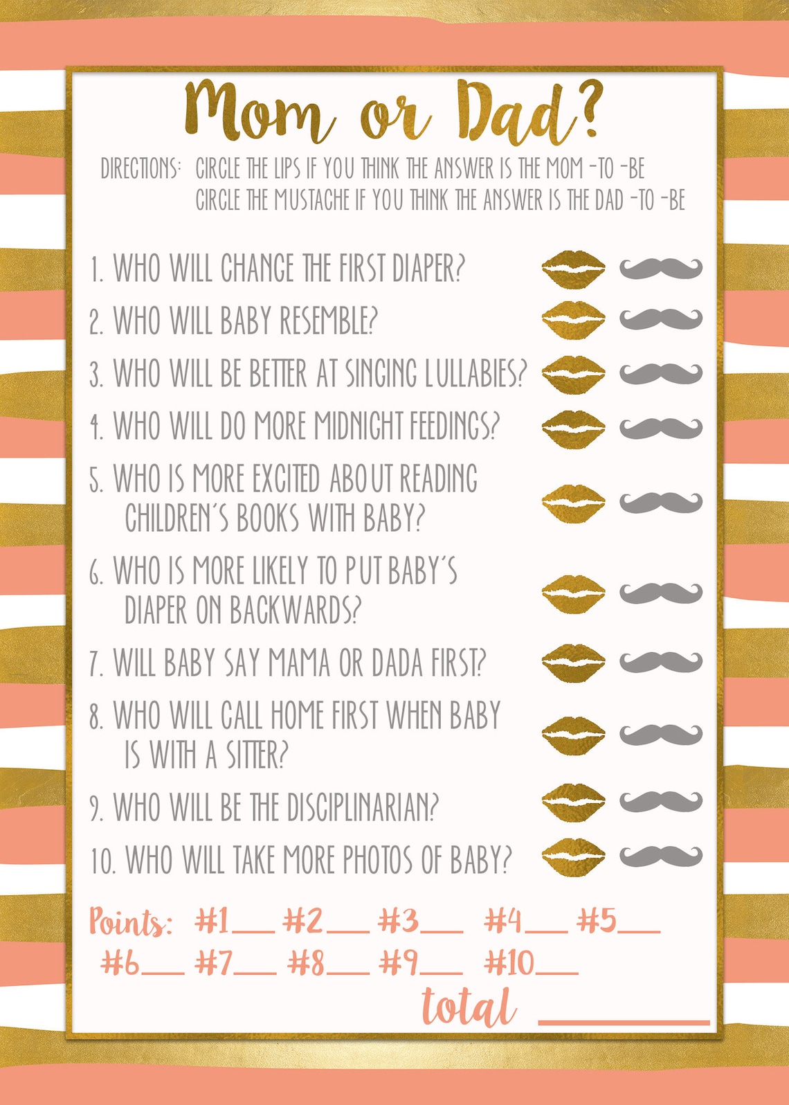 BABY SHOWER GAME - Mom or Dad? - Coral and Gold Stripes - Etsy