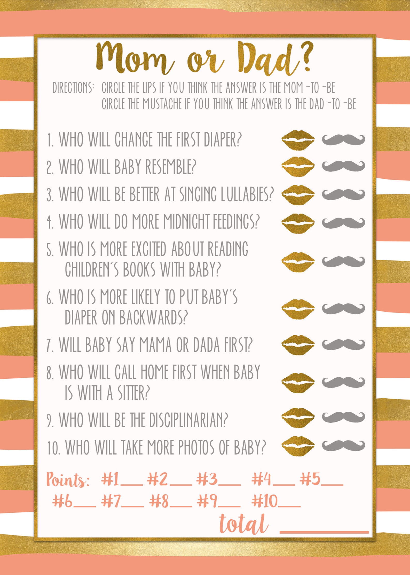 BABY SHOWER GAME Mom or Dad Coral and Gold Stripes Etsy