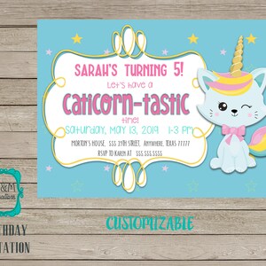 CATICORN - INVITATION ANNIVERSAIRE - chat arc-en-ciel licorne PERSONNALISABLE