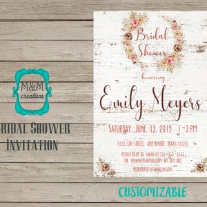RUSTIC WHITE WOOD Floral Bridal Shower Invitation