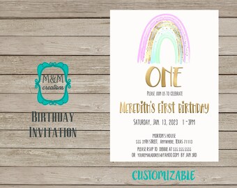May include: A customizable birthday invitation with a watercolor rainbow design in pastel colors. The invitation includes the text "ONE" in gold, along with event details such as the date, time, and location. The invitation is on a white background.