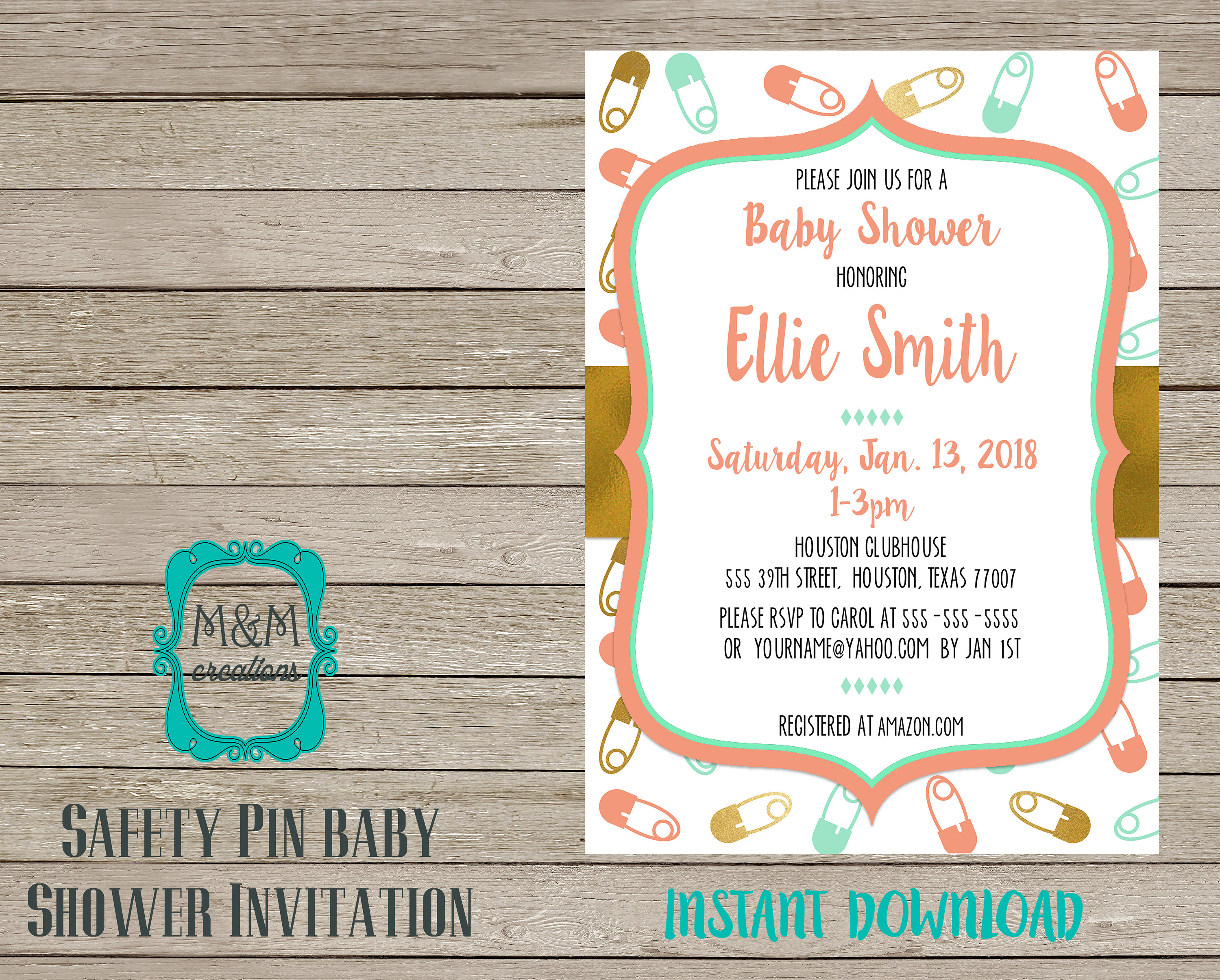 BABY SHOWER INVITE - Coral, Mint and Gold Diaper Pins - digital, image size:3000x2411