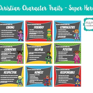 May include: A set of 10 colourful superhero character trait cards with illustrations of superheroes. Each card features a different character trait, such as caring, friendly, courageous, generous, helpful, positive, respectful, honest, and responsible. The cards are designed to help children learn about important character traits.