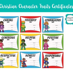 May include: Ten colorful superhero-themed certificates with a polka dot background. Each certificate features a different character trait, such as caring, friendly, courageous, generous, helpful, positive, respectful, honest, and responsible. The certificates are designed for children and can be used to reward good behavior or to encourage positive character development.