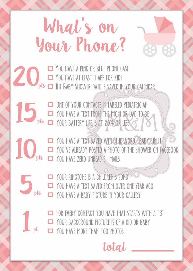 pink and grey what/'s on your phone? BABY SHOWER GAME