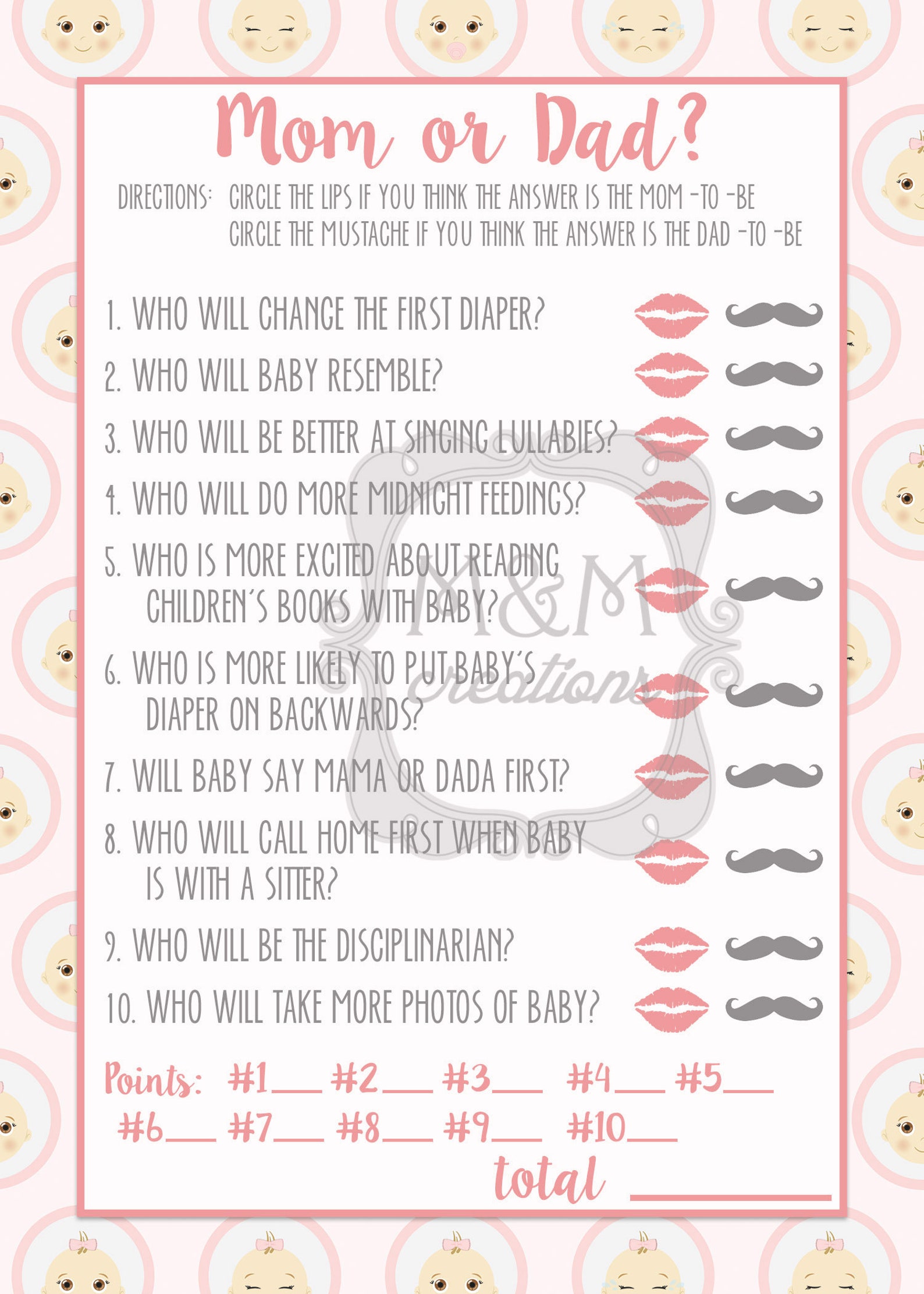 BABY SHOWER GAME Mom or Dad Pink and Grey Etsy