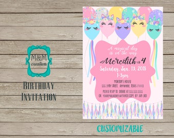 BIRTHDAY INVITATION UNICORN - balloons