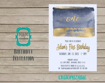 Gold/Navy FIRST BIRTHDAY Invite - CUSTOMIZABLE