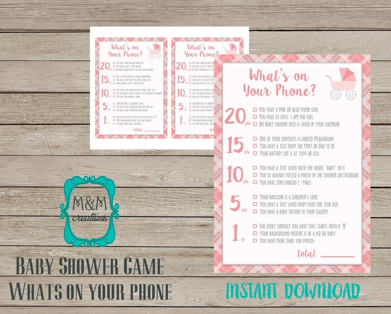 pink and grey what/'s on your phone? BABY SHOWER GAME
