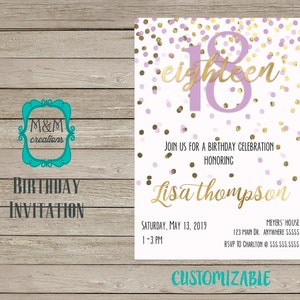 CONFETTI Birthday Invitation - lavender and gold