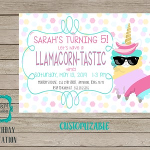 LLAMACORN - BIRTHDAY Invitar - arco iris con gafas de sol PERSONALIZABLEs