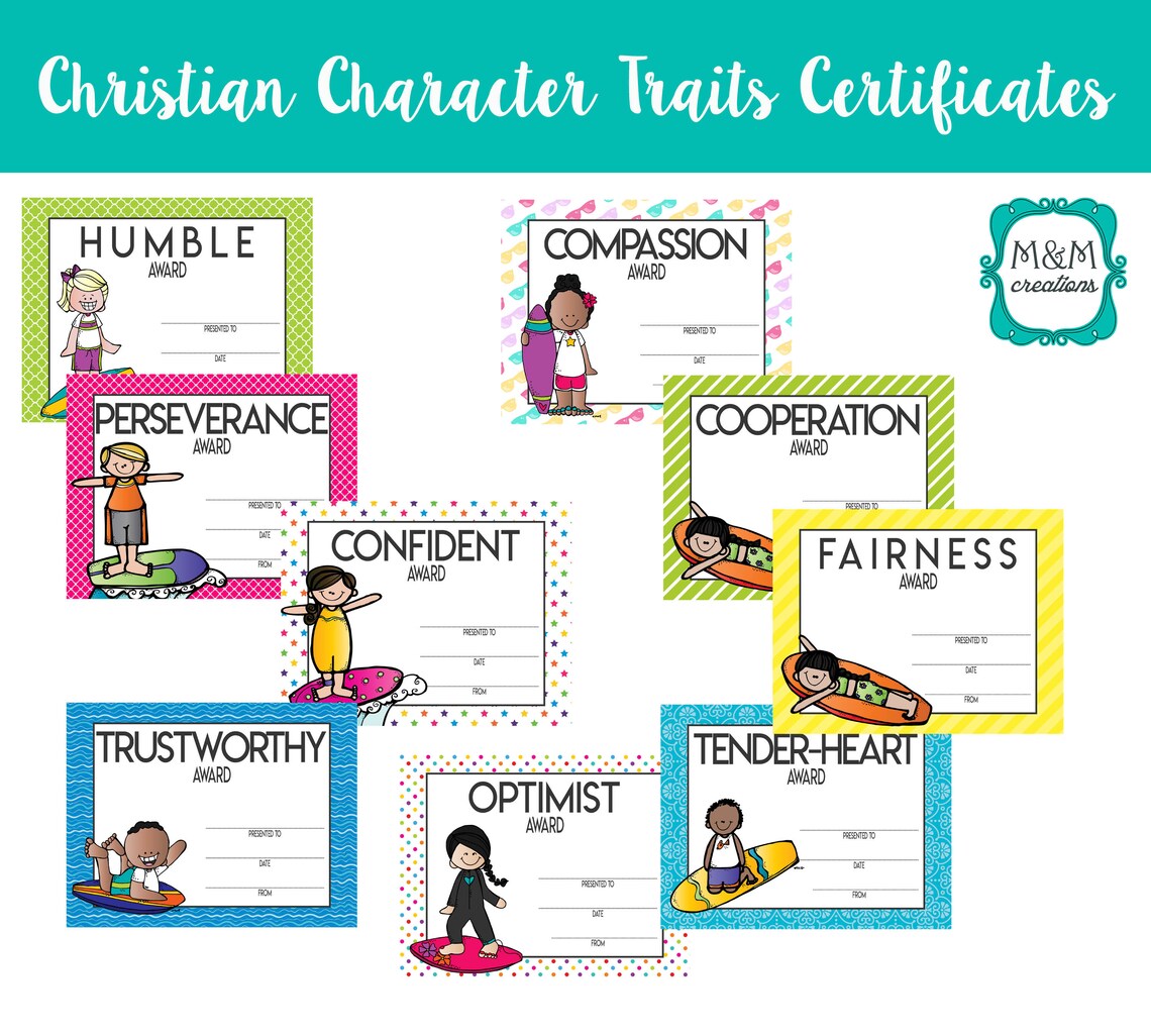 Christian Character Trait Certificates awards Surfing Theme Etsy