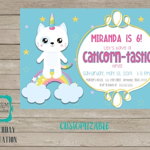 CATICORN - BIRTHDAY Invite - rainbow cat unicorn CUSTOMIZABLE