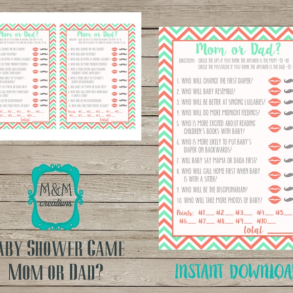 BABY SHOWER GAME - Mom or Dad? - coral mint chevron