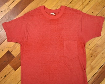 80s Pocket Tee Size Medium Threadbare Faded Red T-Shirt Vintage