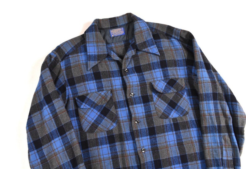 70s Pendleton Large Loop Collar Blue Gray Plaid Tartan Wool Board Shirt Camp Men/'s Vintage Made In USA