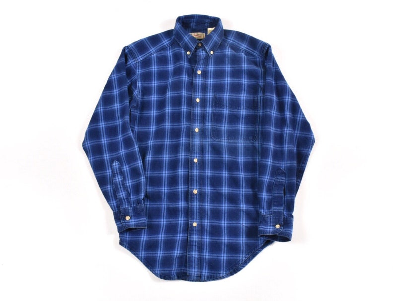 LL Bean XS Cotton Indigo Work Shirt Flannel Blue Plaid Men/'s Vintage Made In USA