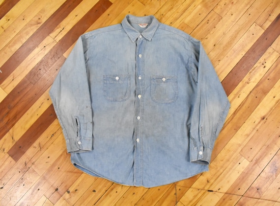 50s Chambray Shirt Large Big Bill Vintage Repaired