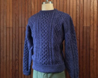 Katahdin Ruggedwear Large Irish Aran Style Wool Cable Knit Chunky Sweater Fisherman Blue Men's Vintage Made In USA