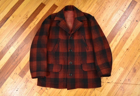 30s / 40s Wool Jacket Large Black & Red Plaid Vint