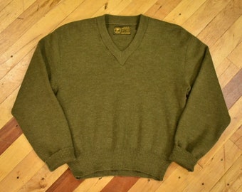 60s Dutch Military Sweater Size Medium Olive Drab 100% Wool Vintage V-Neck Pullover